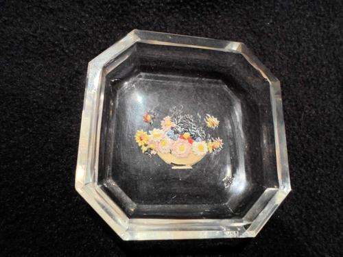 Small pin tray from glass with enamel decorated flowers
